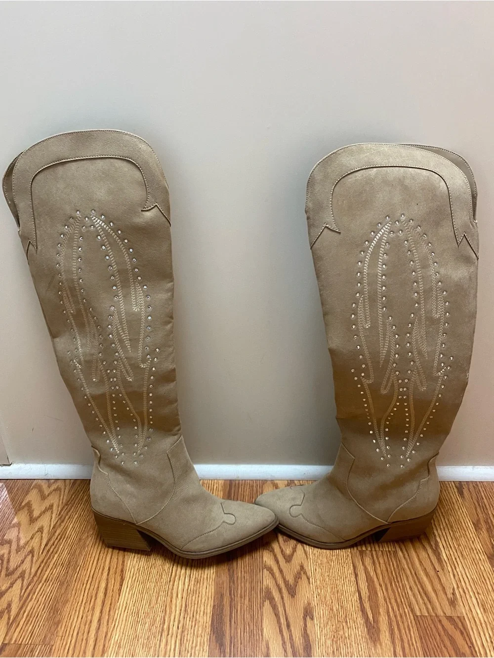 No Boundaries Tan Over-the-Knee Suede Boots with Stud Embellishment